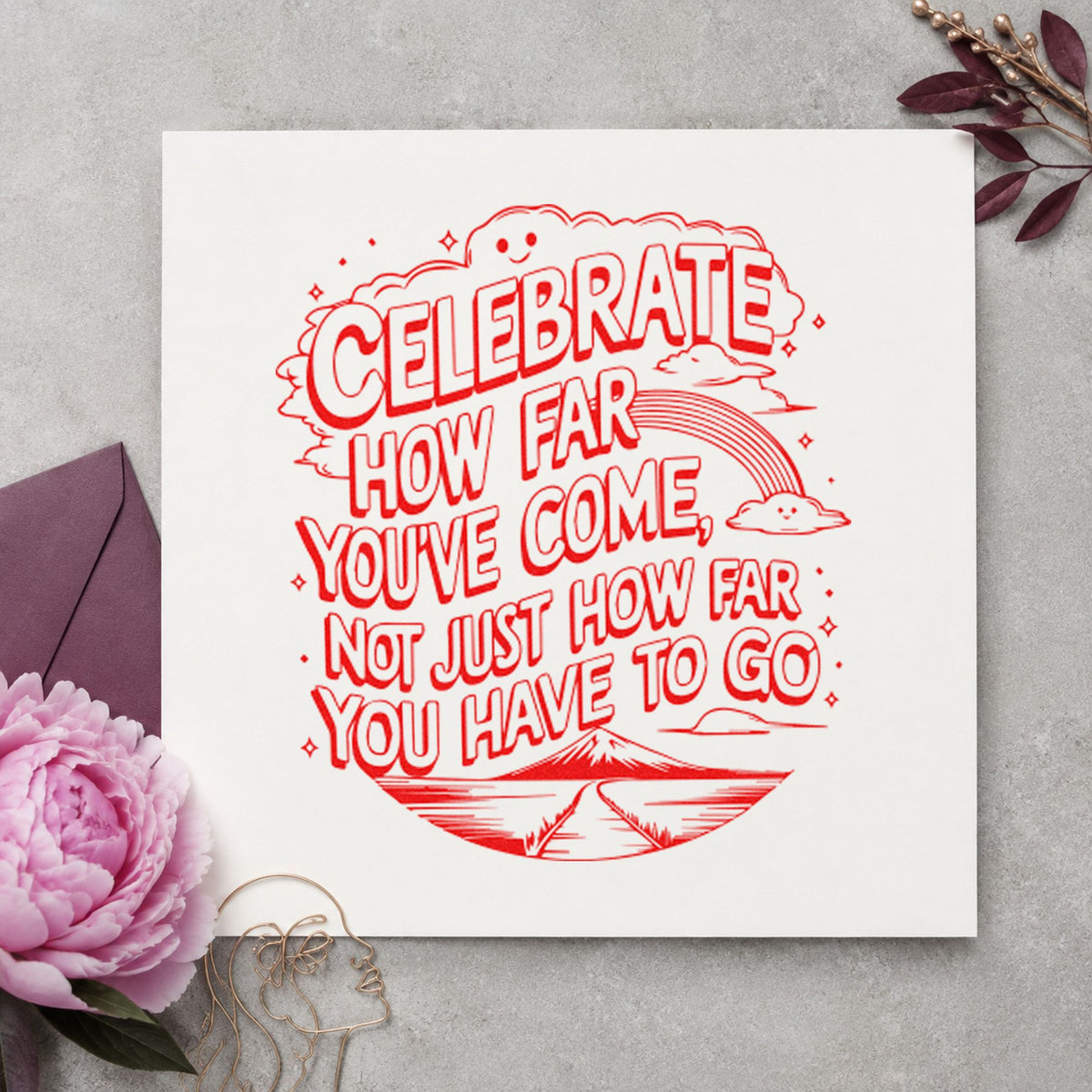 Celebrate How Far Come rubber stamp shown in red ink, stamped for projects such as shelf series labels.