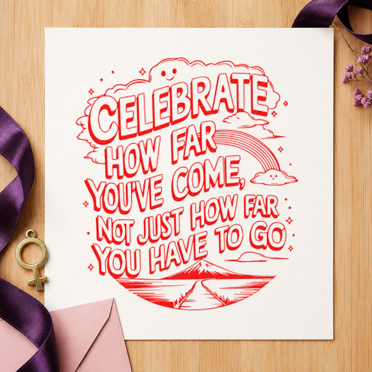 Celebrate How Far Come craft stamp imprint in red ink on a handmade project, one idea being book review cards.