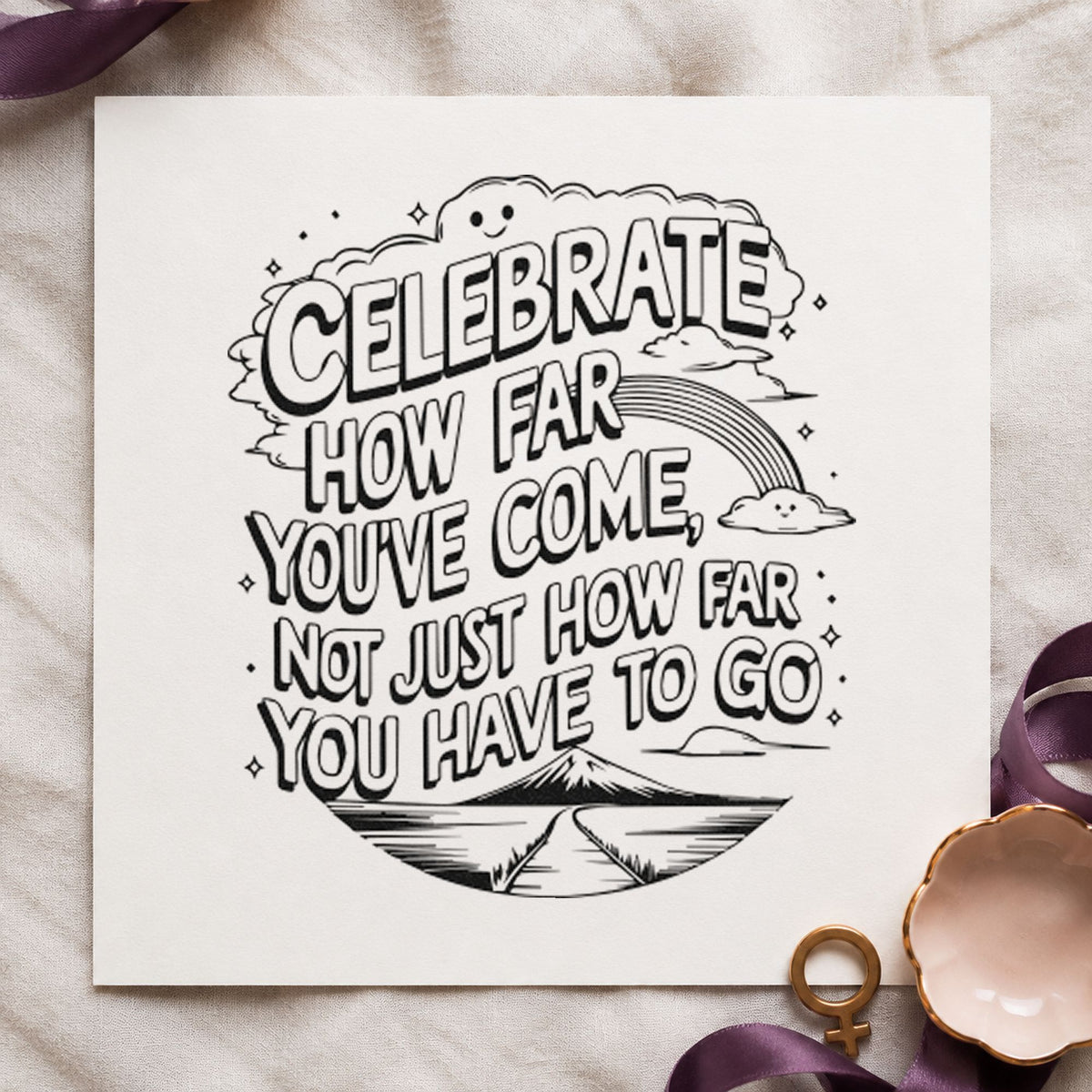 Celebrate How Far Come rubber stamp printed in black ink, ready for winding road cards and similar paper crafts.