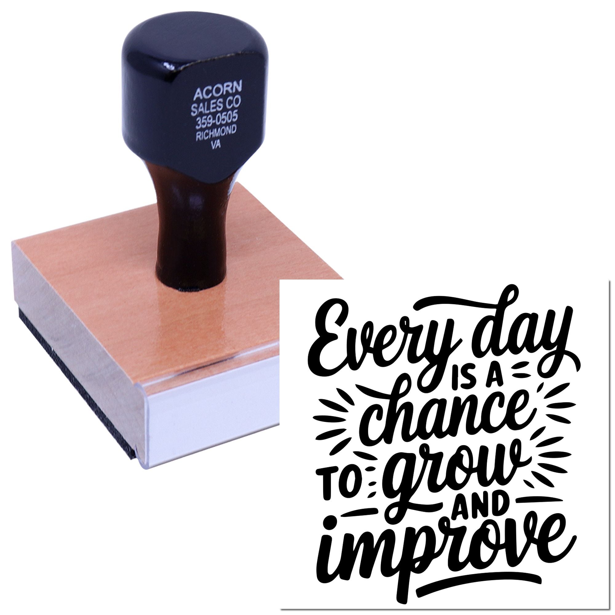 Inspirational rubber stamp with quote, Every day is a chance to grow and improve, for motivational crafting and office use.