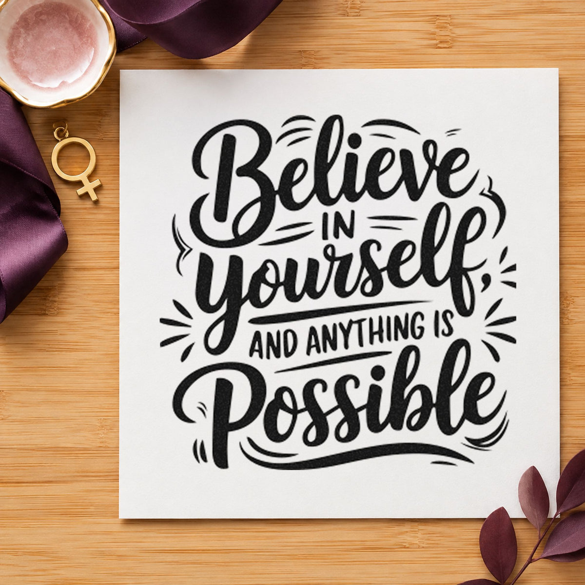 Believe Yourself Anything Possible craft stamp imprint in black ink on a handmade project, one idea being pad set gift tags.
