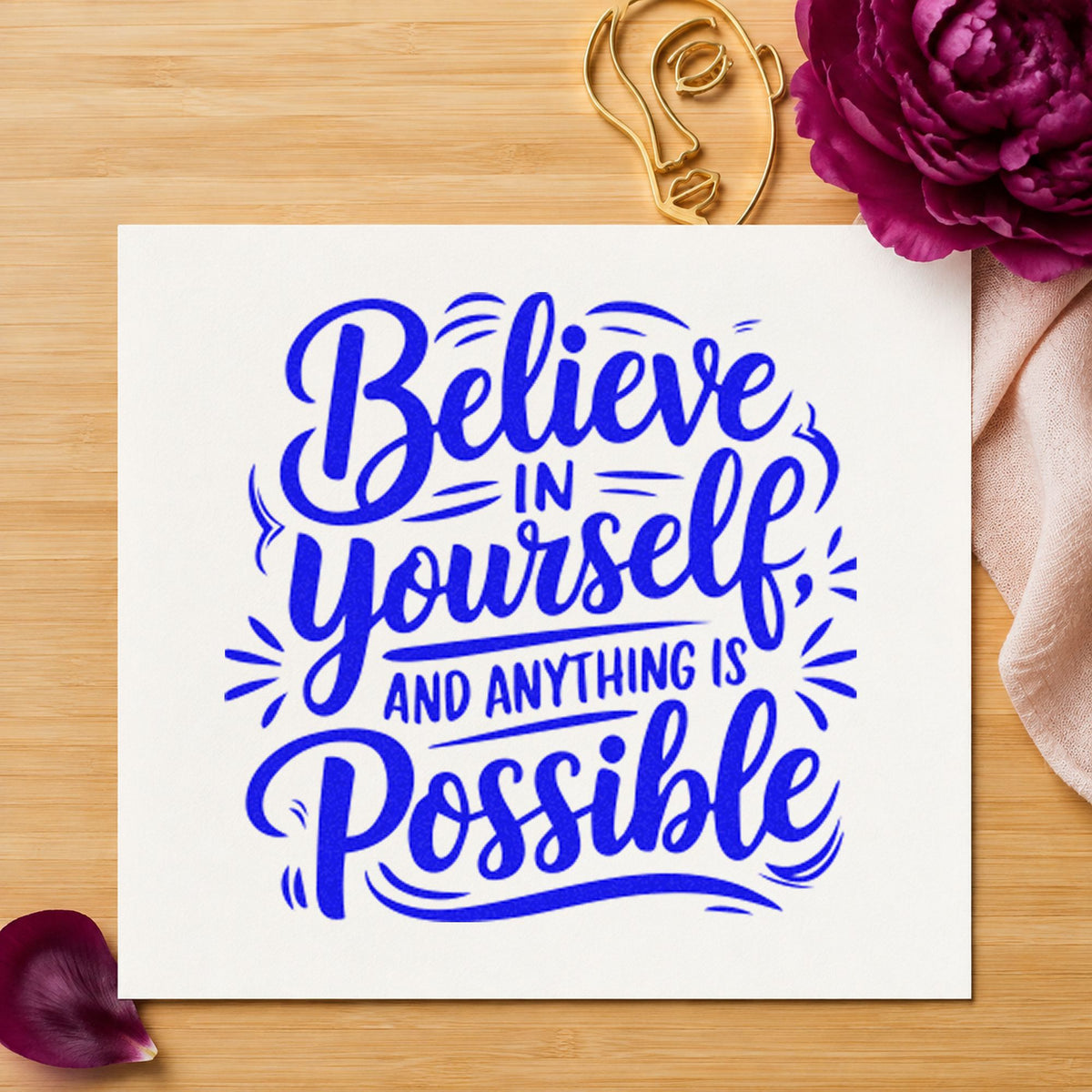 Believe Yourself Anything Possible craft stamp imprinted in blue ink on paper, a design suited to framed driveway wall.
