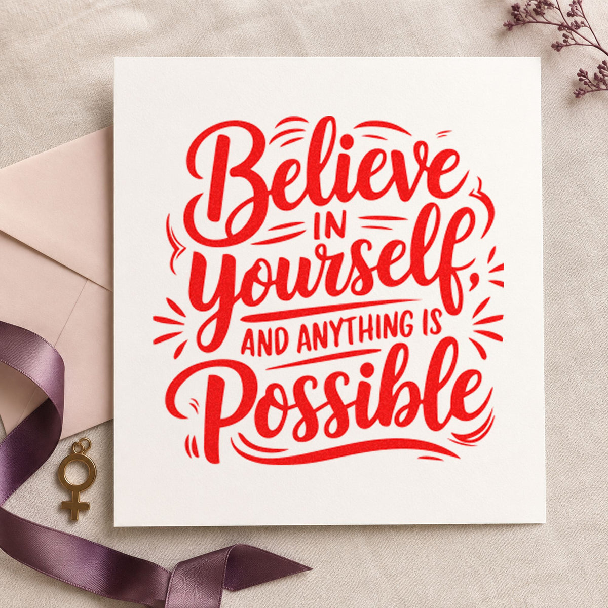 Believe Yourself Anything Possible rubber stamp shown in red ink, stamped for projects such as bin hardware labels.