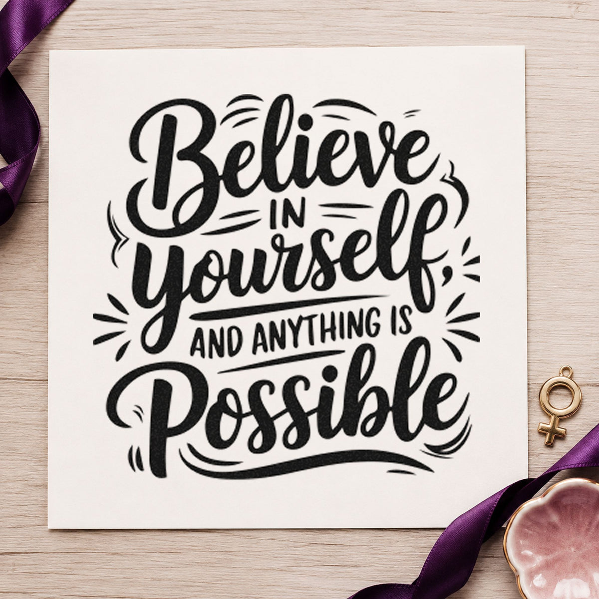 Believe Yourself Anything Possible rubber stamp printed in black ink, ready for ornate ray cards and similar paper crafts.