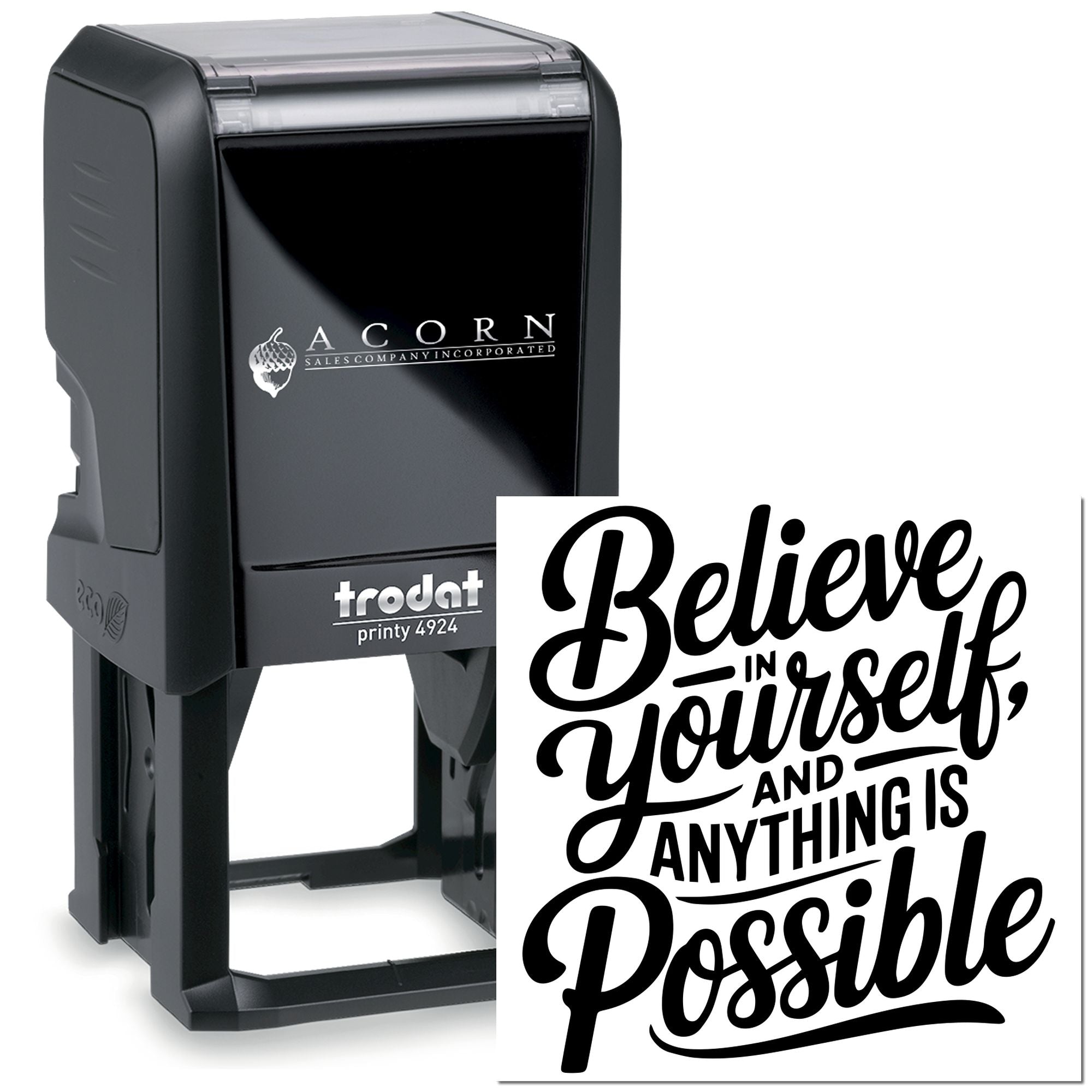 Custom self-inking rubber stamp with Believe in yourself design for business branding, crafts, and personal use.