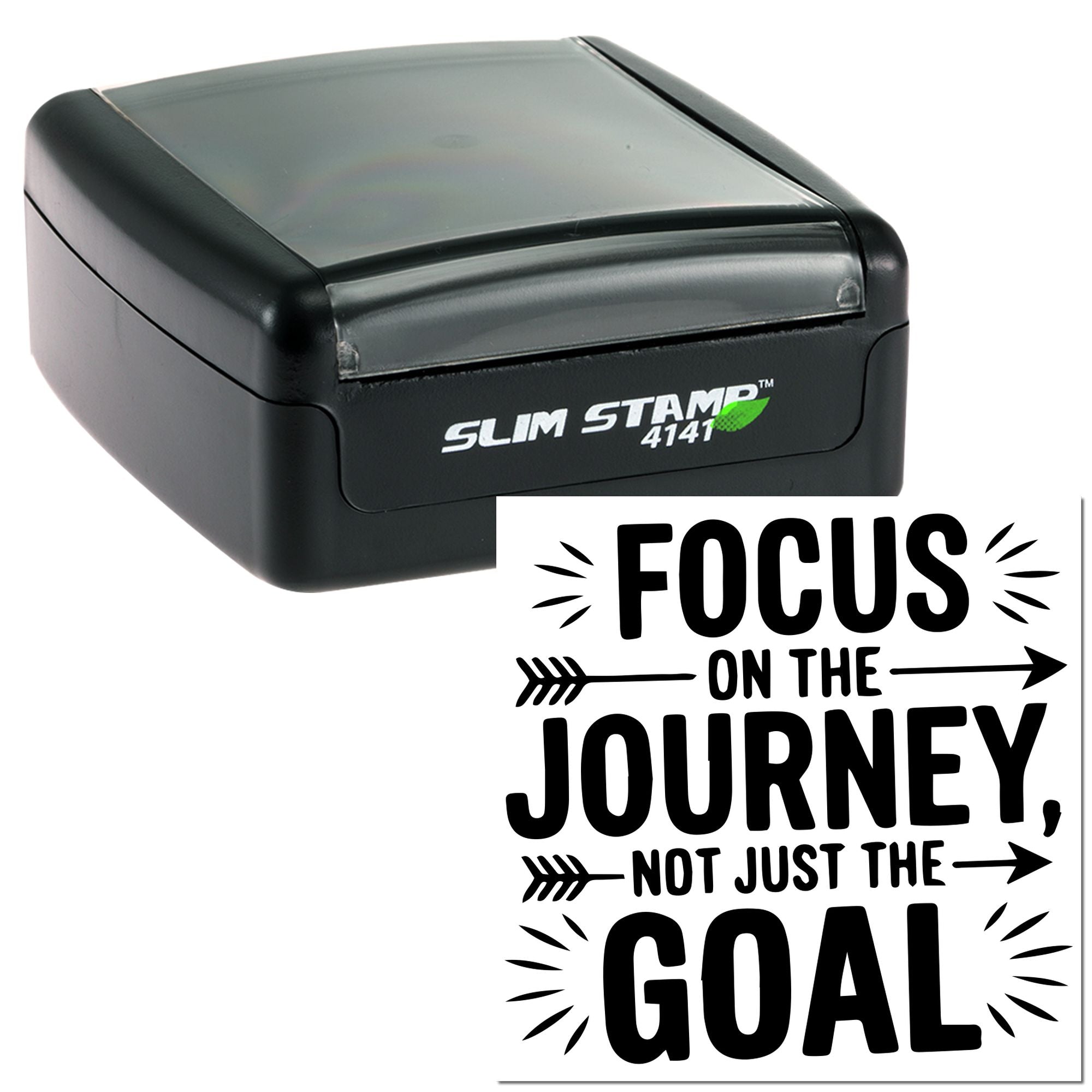 Custom self-inking rubber stamp with motivational quote, Focus on the journey, not just the goal, for crafts and office use.