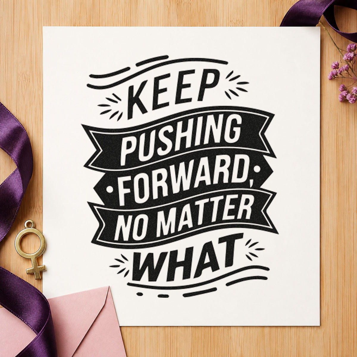 Keep Pushing Forward Banners craft stamp in black ink on cardstock, an easy option for rugby album page.