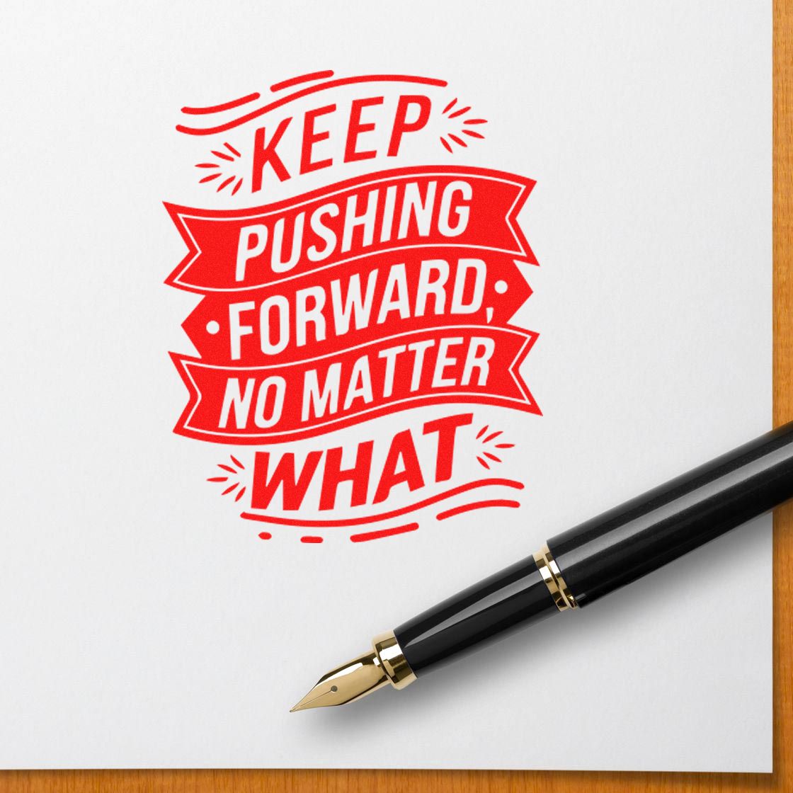 Motivational rubber stamp design with quote Keep pushing forward, no matter what in red, shown on paper with fountain pen.