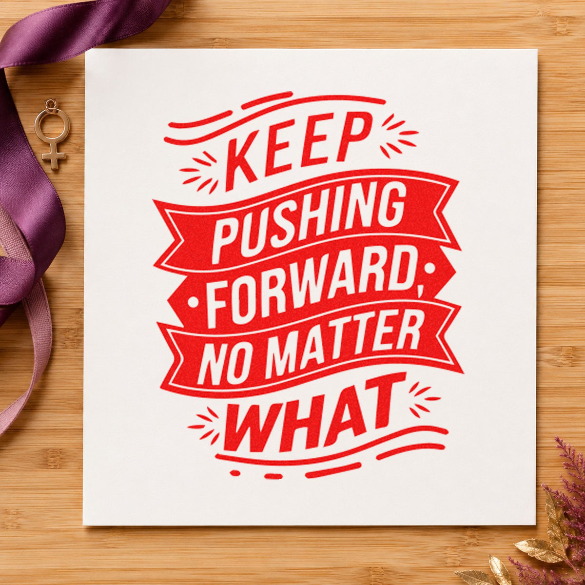 Keep Pushing Forward Banners craft stamp imprint in red ink on a handmade project, one idea being move plan cards.