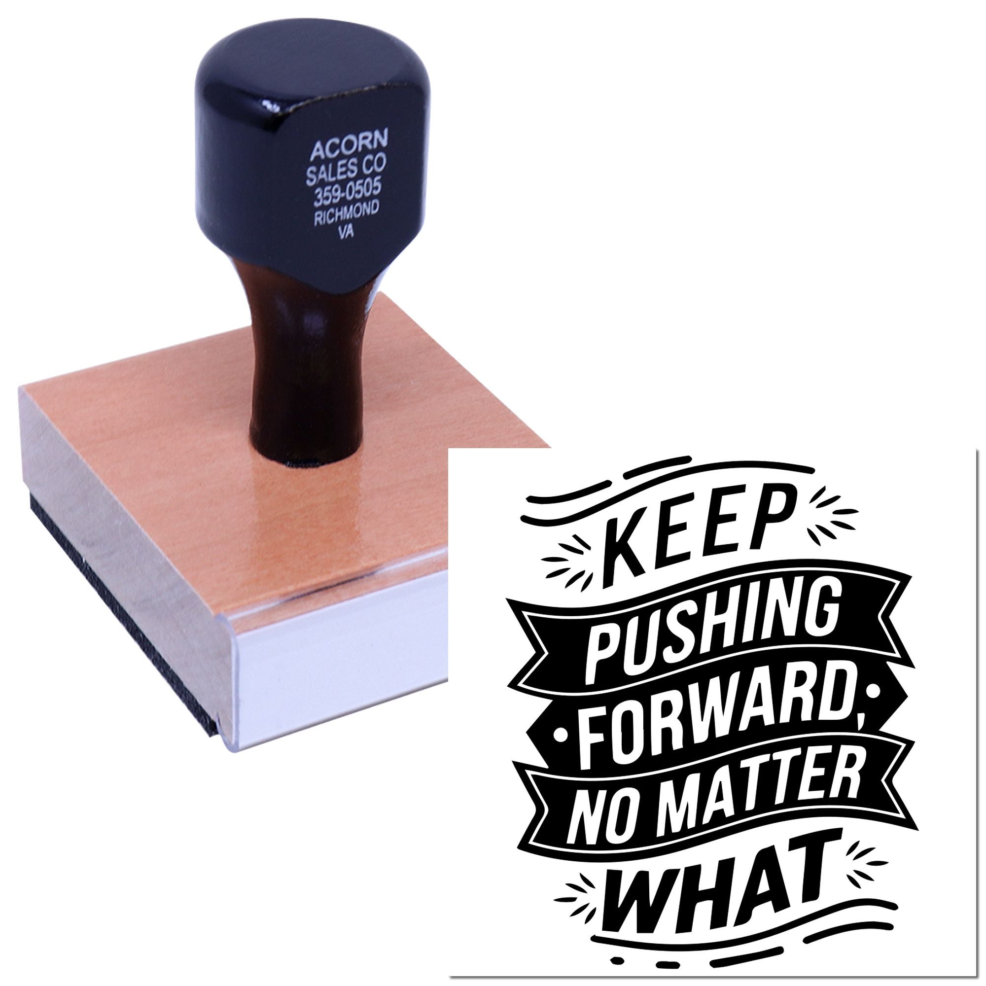 Motivational rubber stamp with Keep Pushing Forward, No Matter What design for custom business branding and craft projects.
