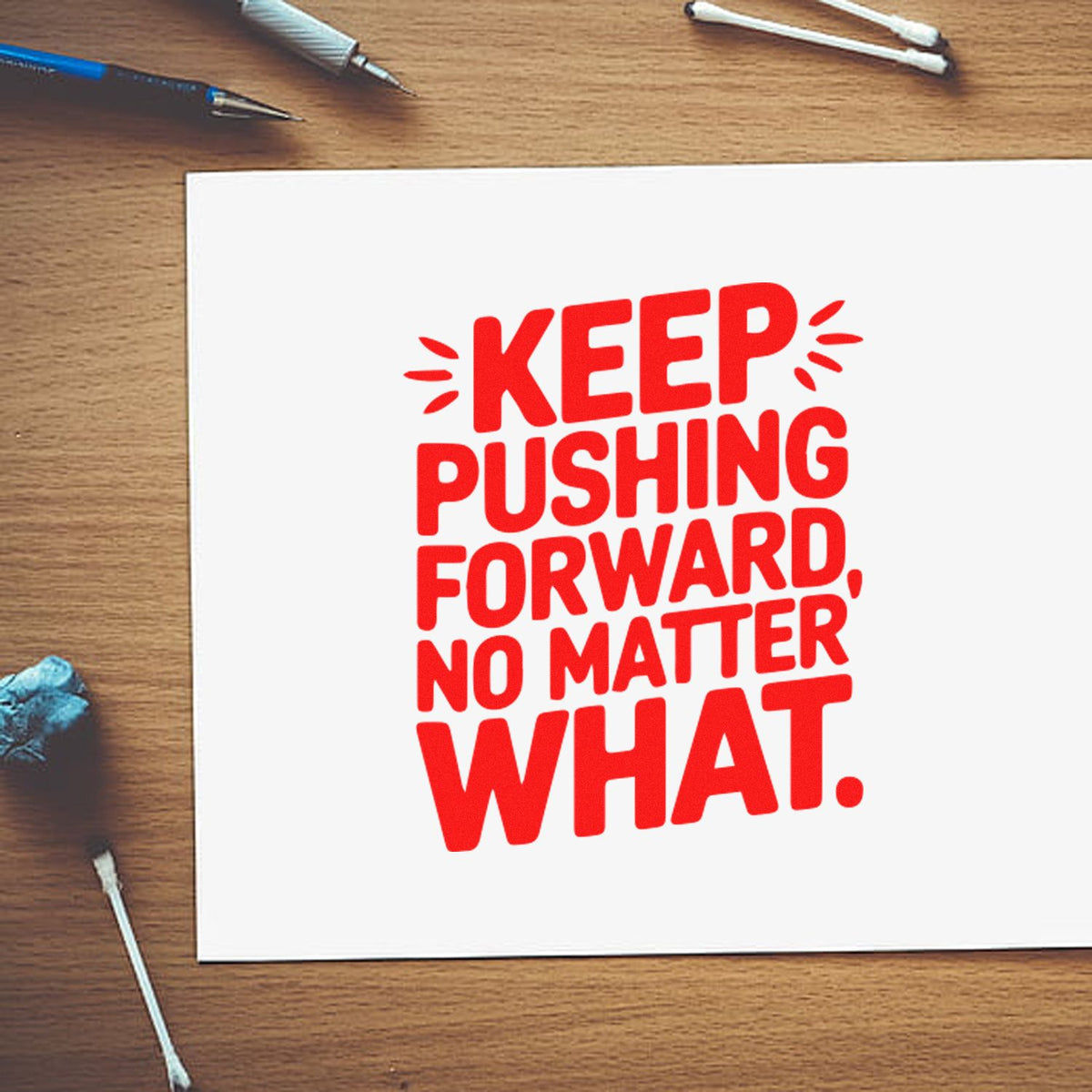 Motivational rubber stamp design reading Keep Pushing Forward, No Matter What in bold red on paper.