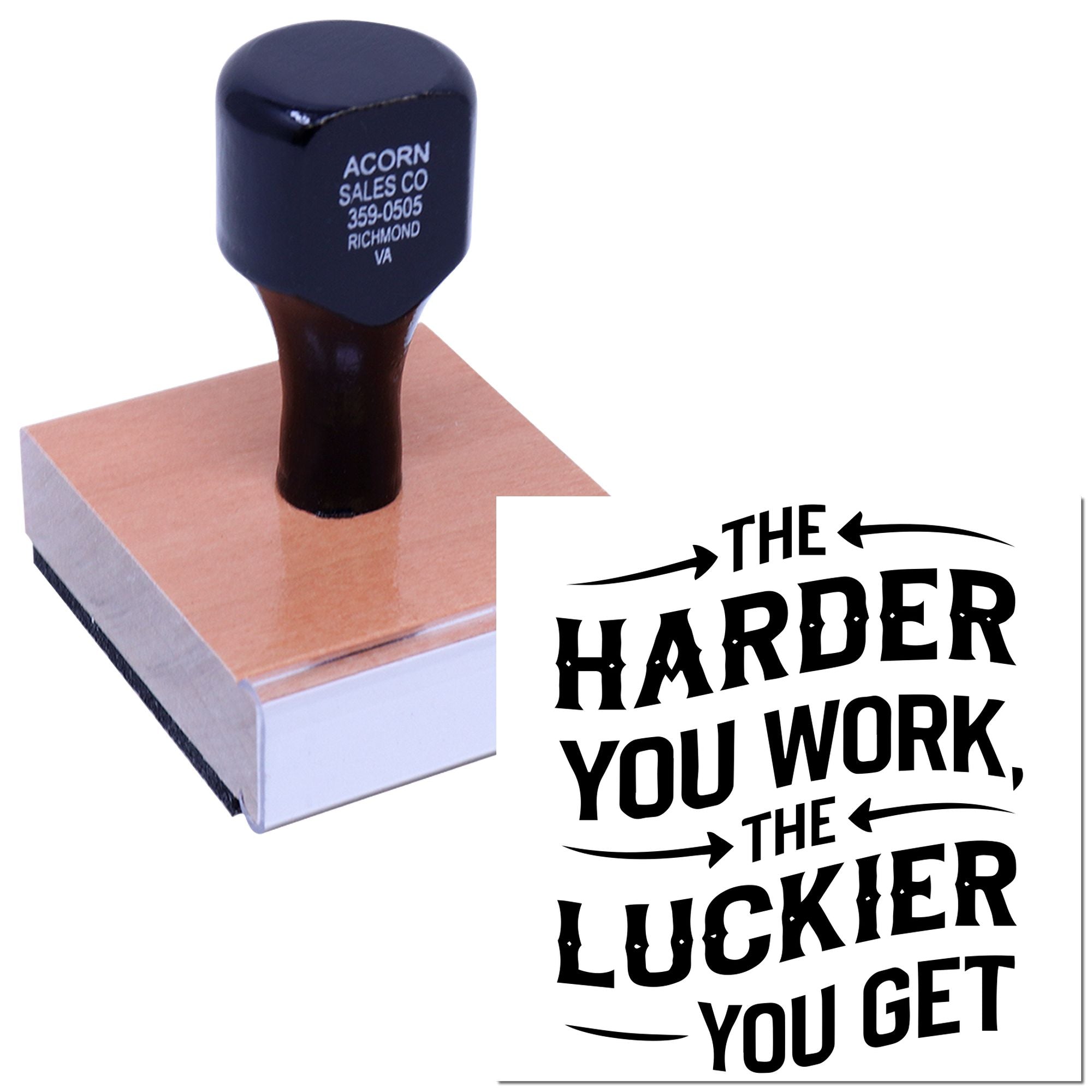 Custom rubber stamp on ink pad with The harder you work, the luckier you get design for business branding.