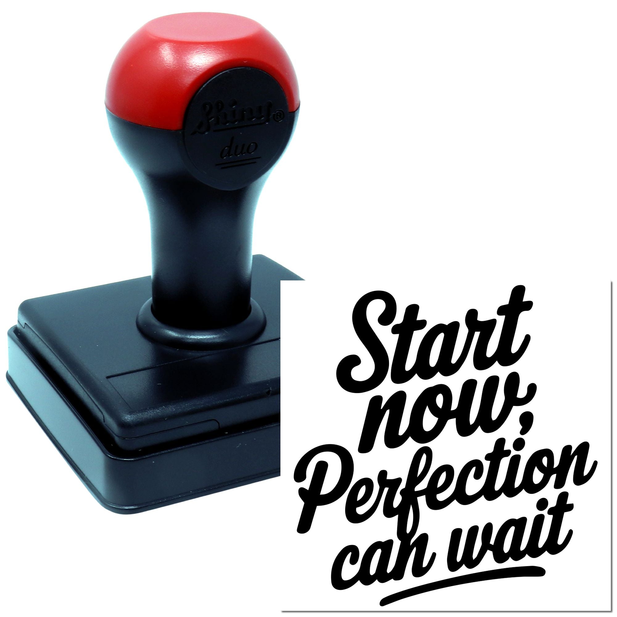 Self-inking rubber stamp with motivational phrase Start now, perfection can wait for office use.