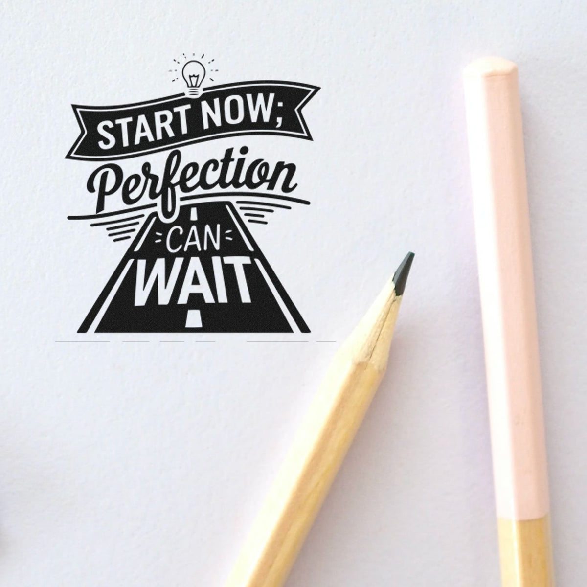 Motivational rubber stamp design reading Start Now; Perfection Can Wait for planners, journals, and creative stationery.