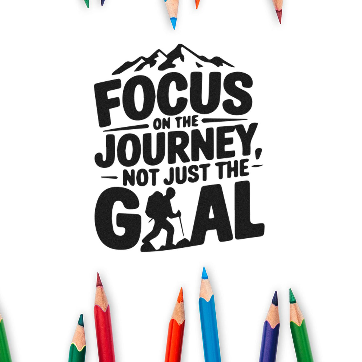 Mountain hiking rubber stamp with motivational quote: Focus on the journey, not just the goal.