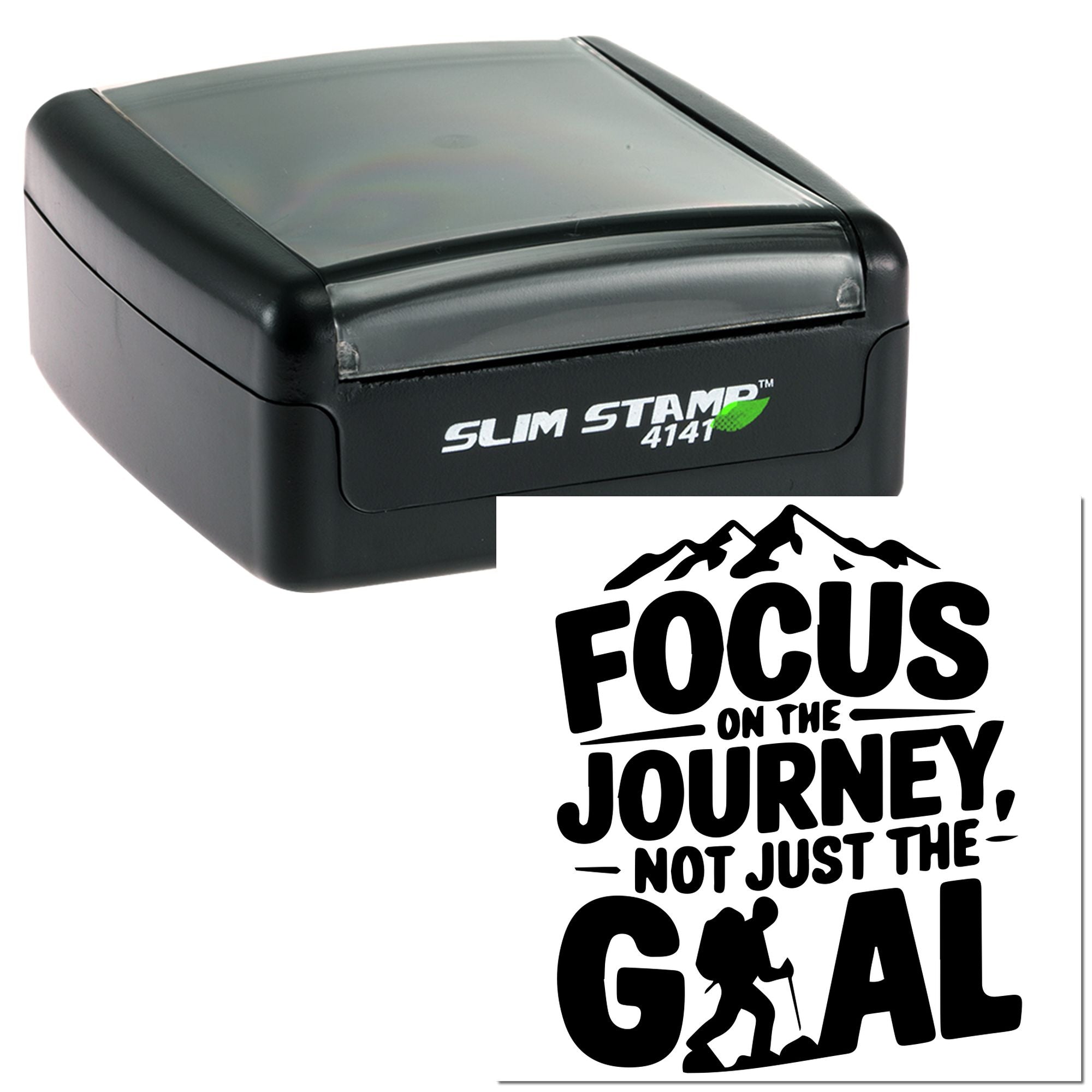 Slim Stamp 4141 self-inking rubber stamp with Focus on the Journey, Not Just the Goal mountain hiking quote.