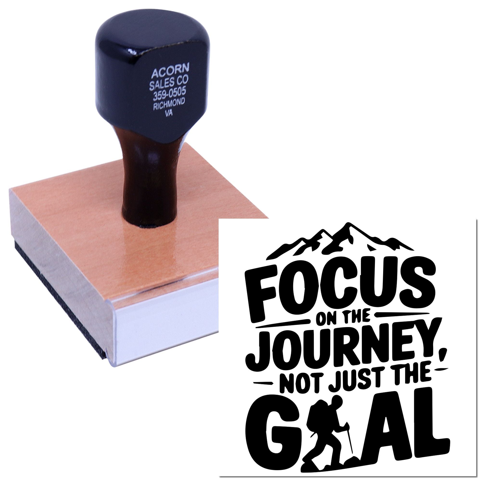 Custom rubber stamp examples: business return address stamp and motivational quote stamp design with hiker and mountain icon.