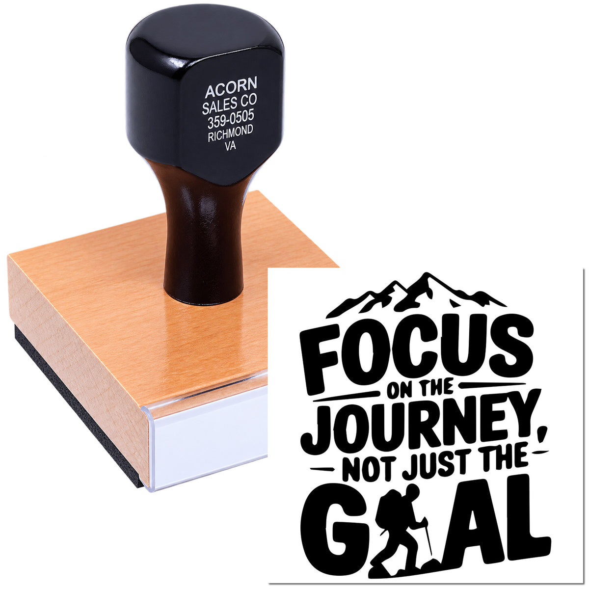 Custom rubber stamp examples: business return address stamp and motivational quote stamp design with hiker and mountain icon.
