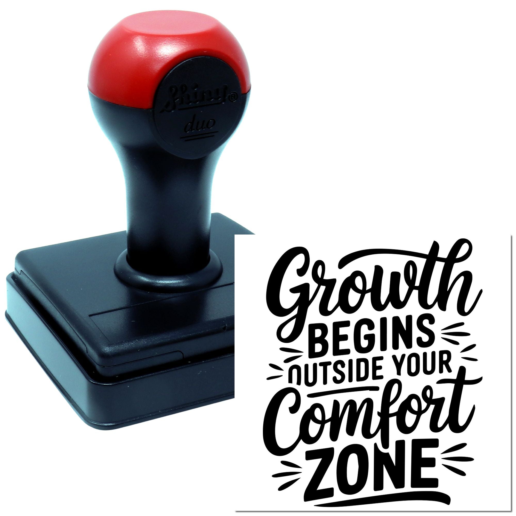 Custom rubber stamp with motivational quote, Growth begins outside your comfort zone, for business branding and self-inking use.