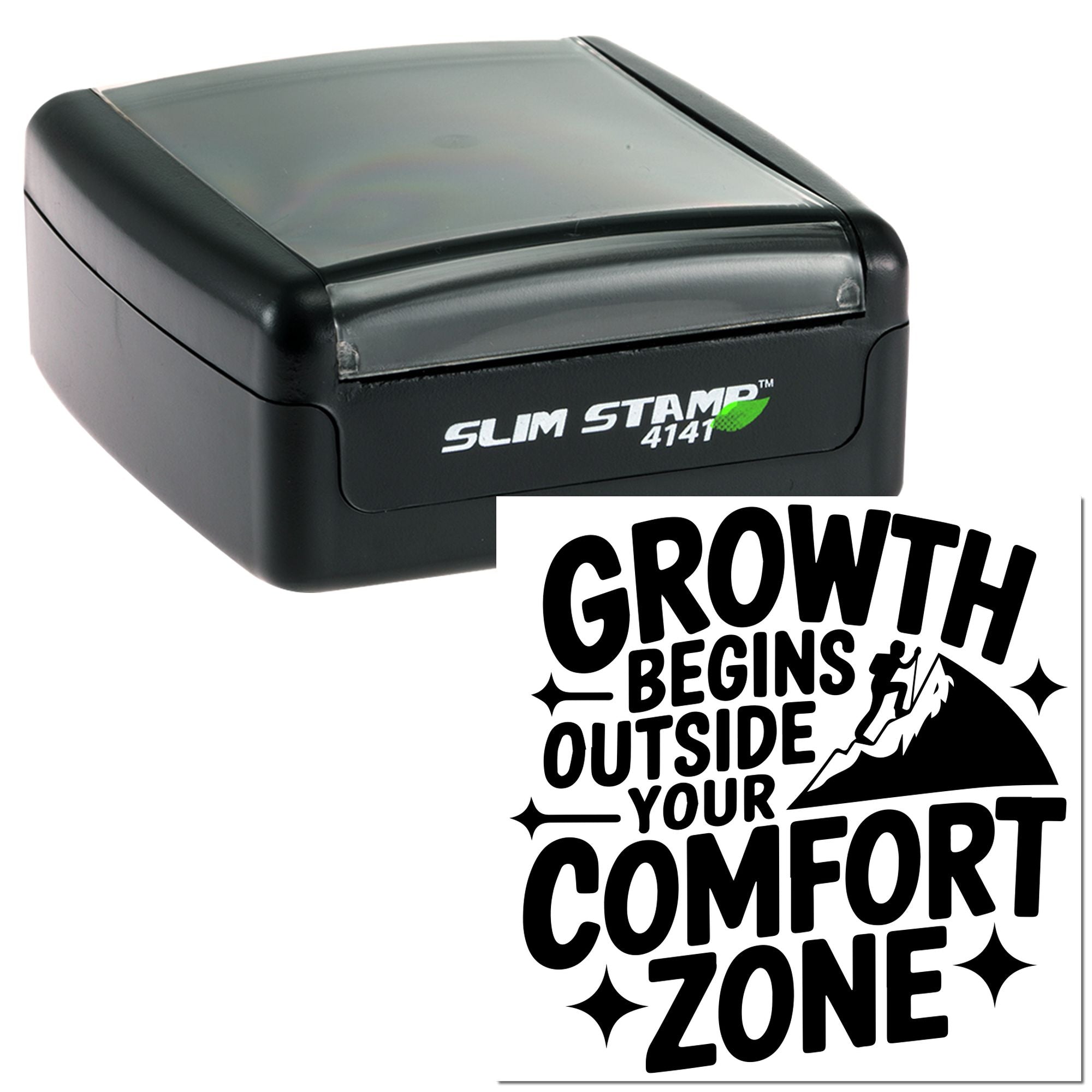 Self-inking rubber stamp with Growth Begins Outside Your Comfort Zone mountain quote design for custom inspirational stamping.