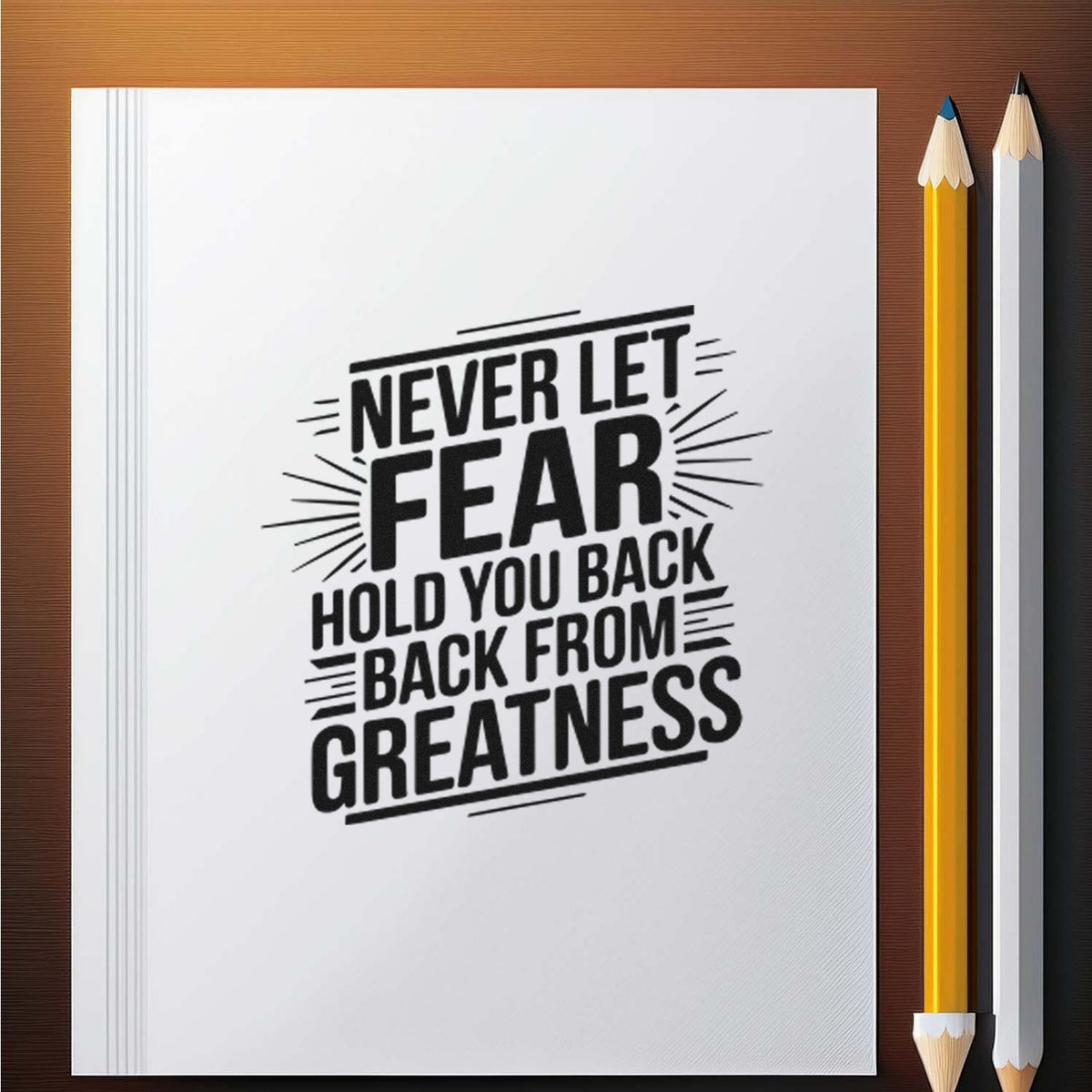 Motivational rubber stamp design with quote Never Let Fear Hold You Back From Greatness for inspiring stationery.