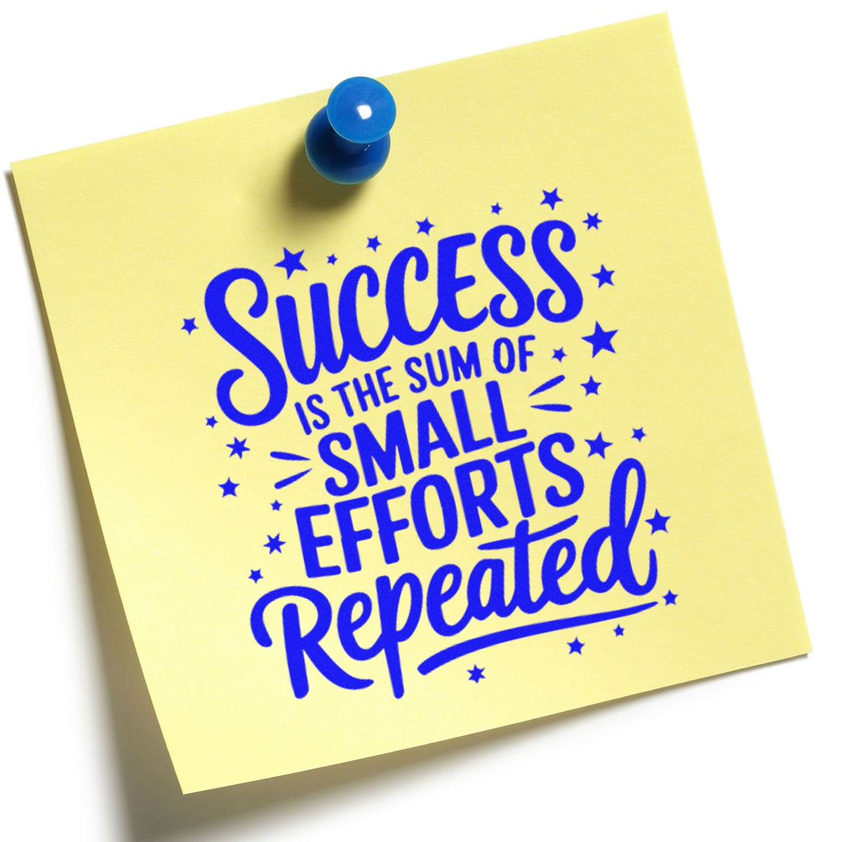 Motivational rubber stamp design with quote Success is the sum of small efforts repeated on a pinned sticky note.