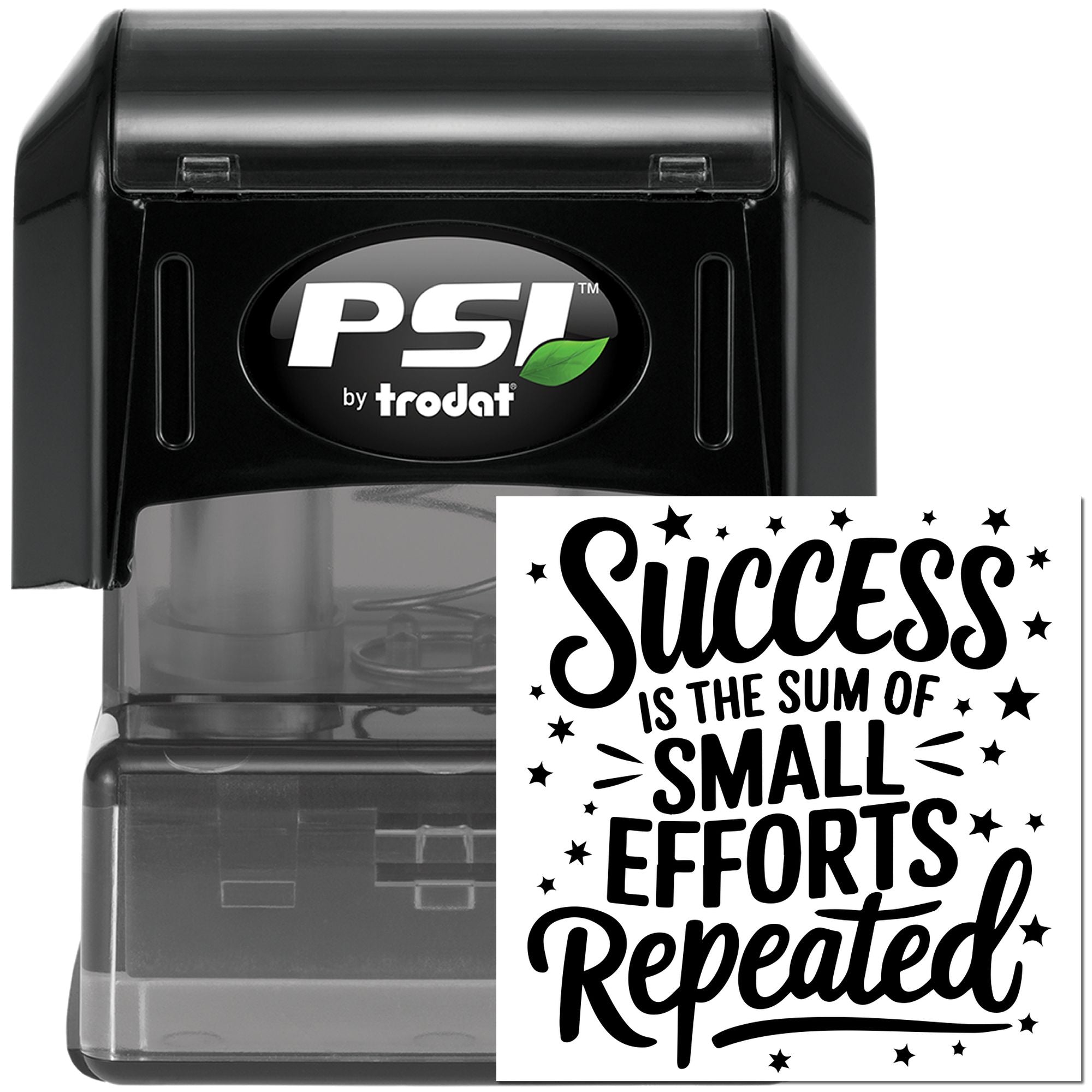 PSI by Trodat self-inking motivational rubber stamp with quote, "Success is the sum of small efforts repeated."