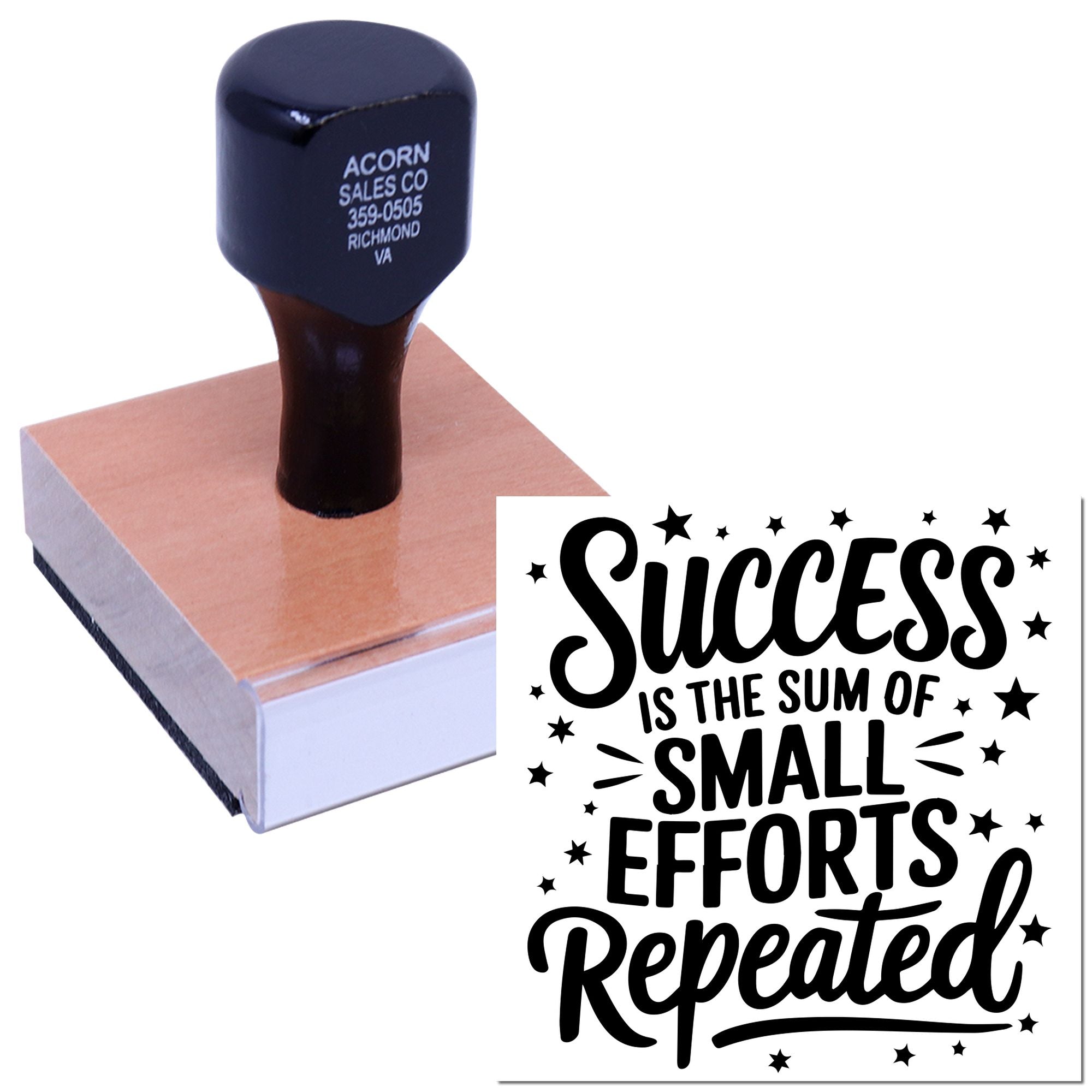 Custom rubber stamp with motivational quote, Success is the sum of small efforts repeated, for business branding.