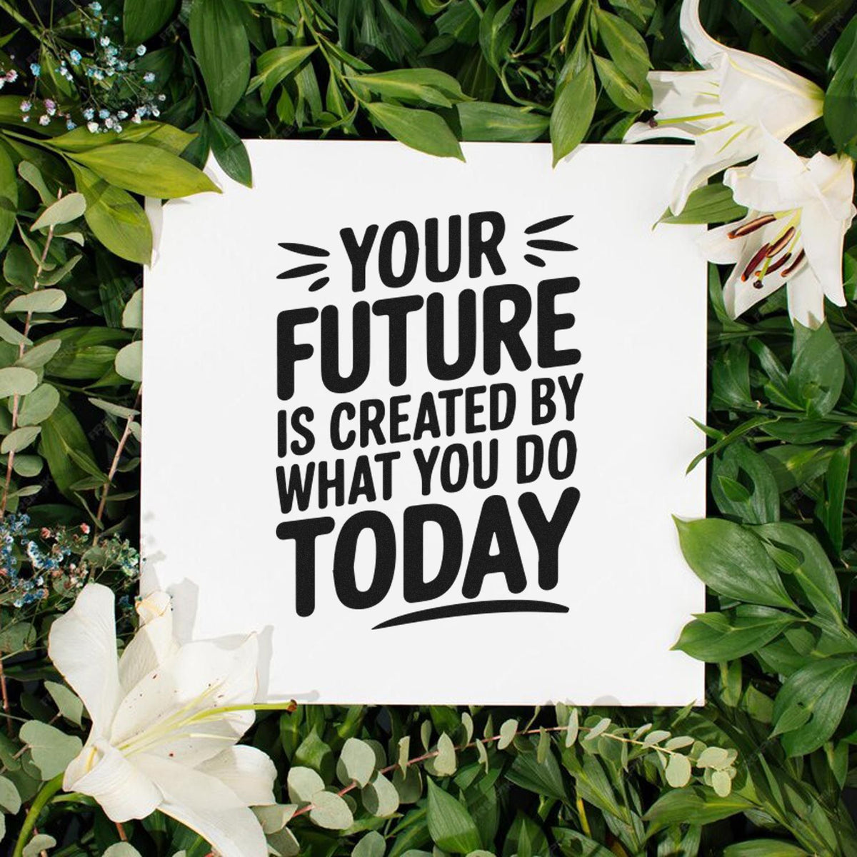 Inspirational rubber stamp quote design: Your future is created by what you do today on a floral greenery background.
