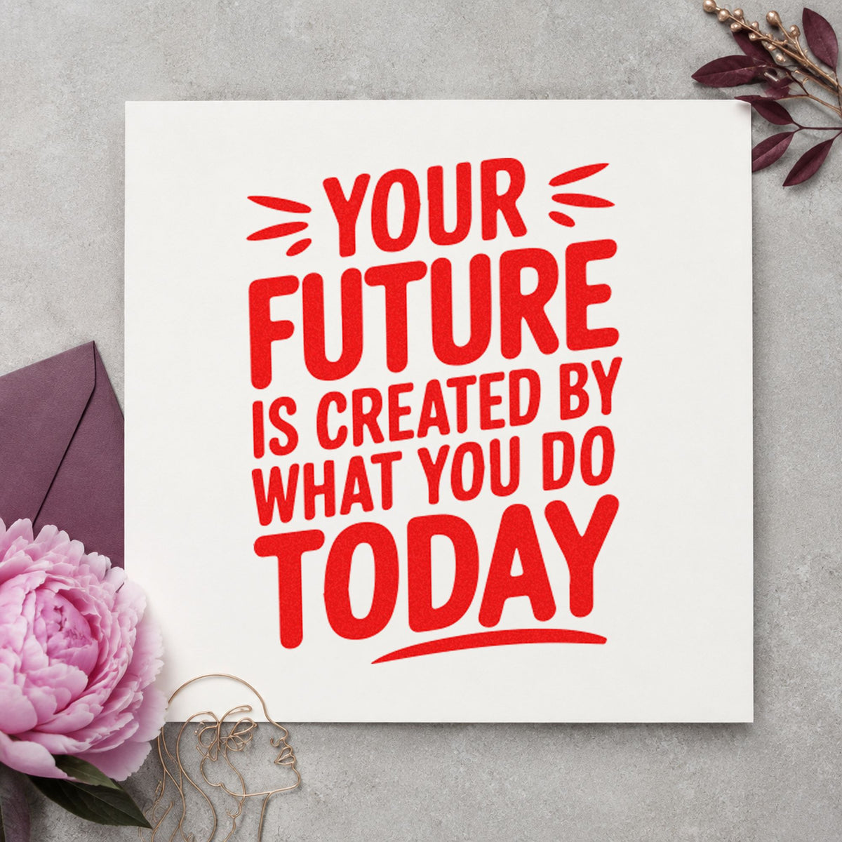 Your Future Created Today craft stamp imprint in red ink on a handmade project, one idea being question prep cards.