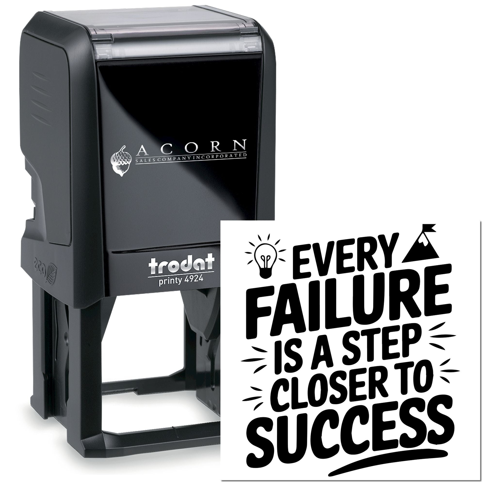 Custom self-inking Trodat rubber stamp with motivational quote Every failure is a step closer to success.