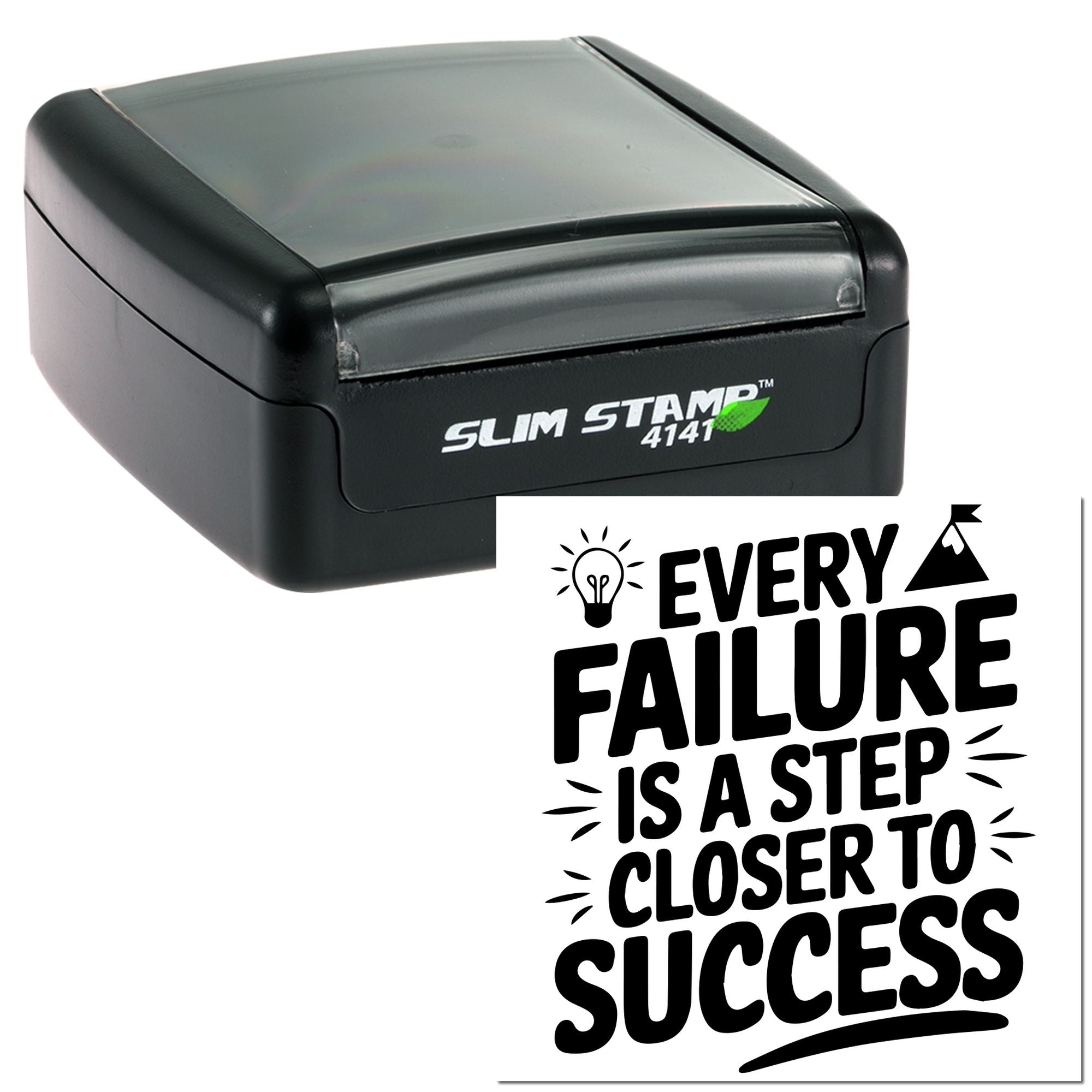 Self-inking rubber stamp with motivational quote: Every failure is a step closer to success.