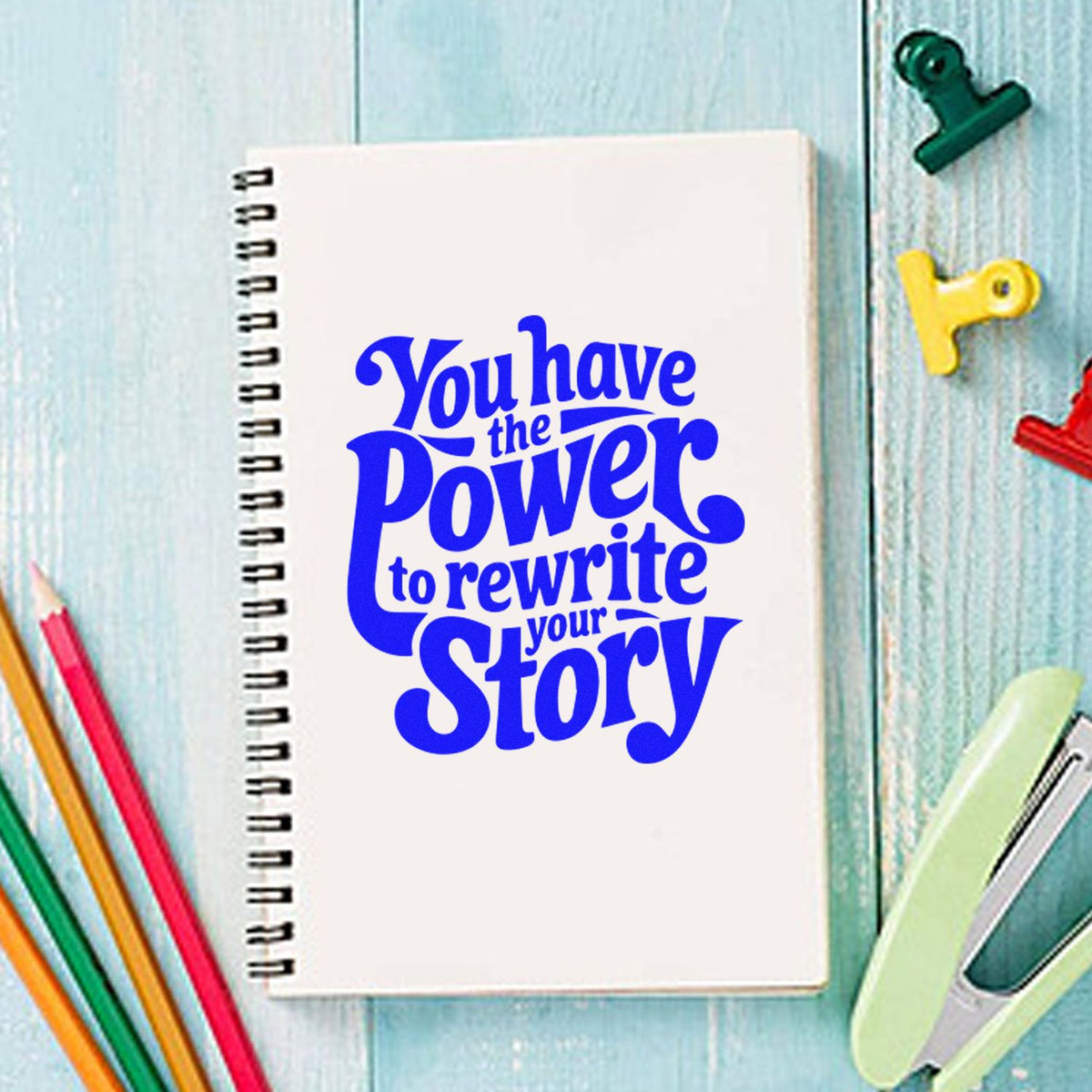 Inspirational rubber stamp design with quote, You have the power to rewrite your story, for journaling, planners, and scrapbooking.