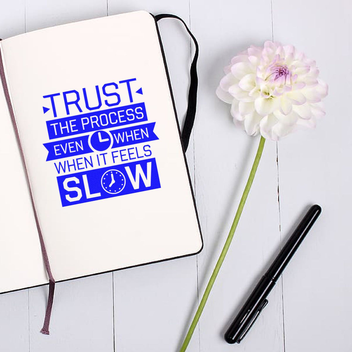 Motivational rubber stamp design reading Trust the process even when it feels slow for notebooks and planners.