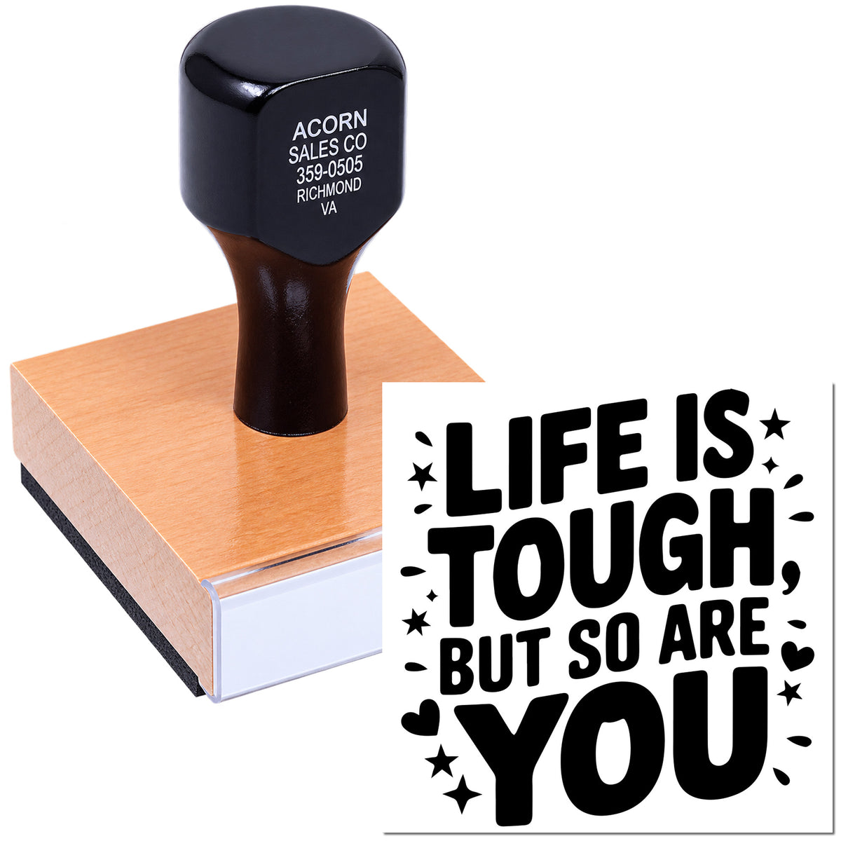 Custom rubber stamp featuring motivational quote Life is tough, but so are you for crafting, business, and office use.