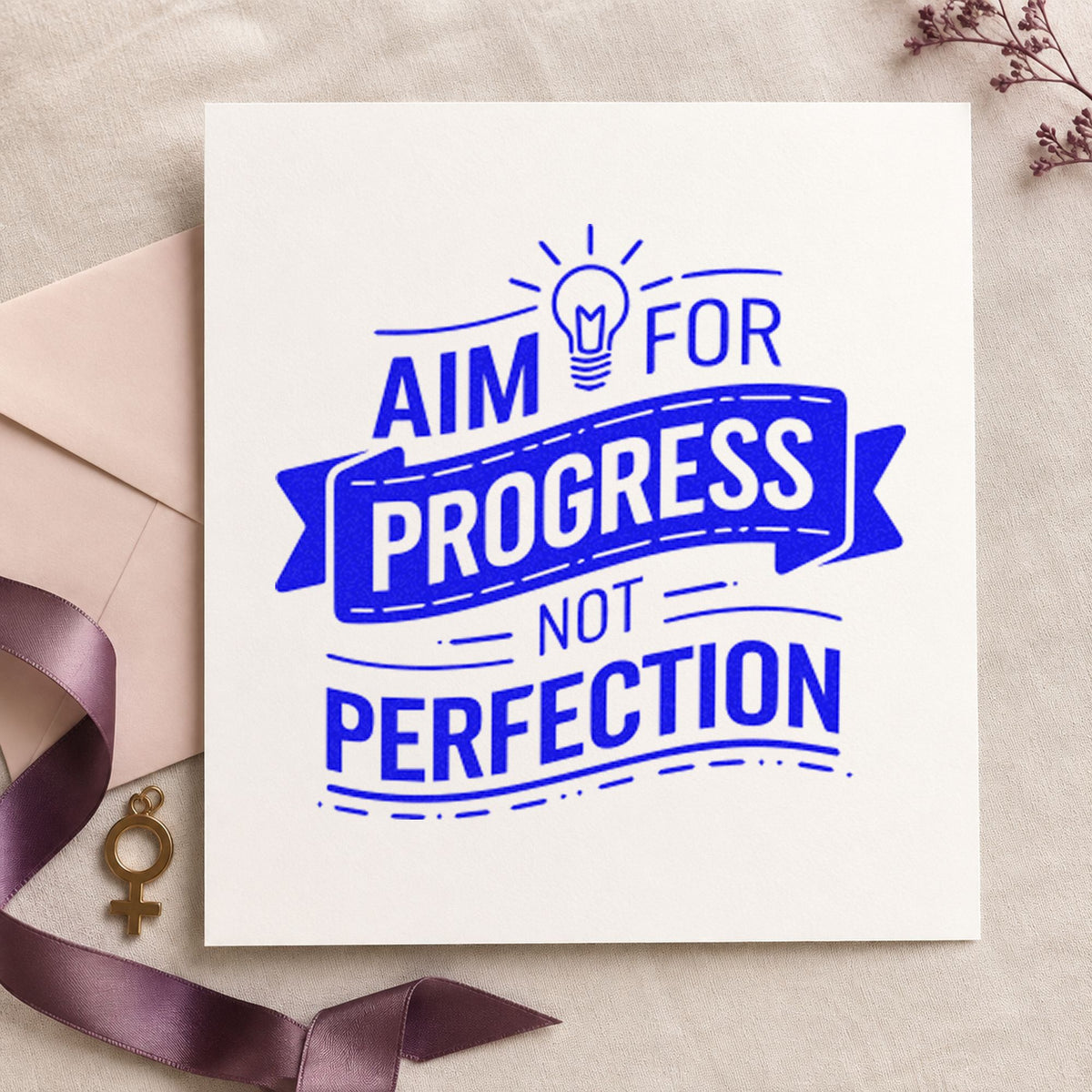 Aim Progress Not Perfection craft stamp imprinted in blue ink on paper, a design suited to framed homework nook.
