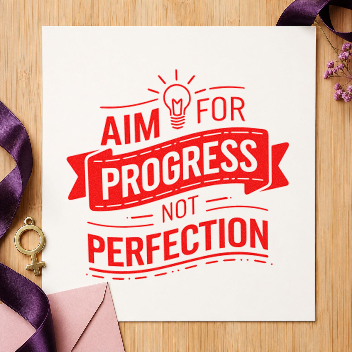Aim Progress Not Perfection craft stamp imprint in red ink on a handmade project, one idea being letter drill cards.