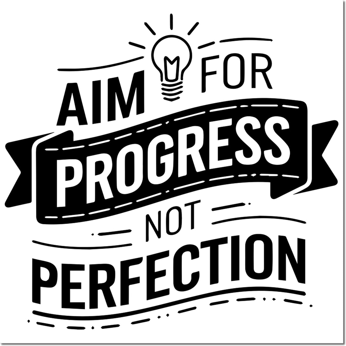 Aim for Progress Not Perfection rubber stamp design with lightbulb icon for motivational planning and productivity.