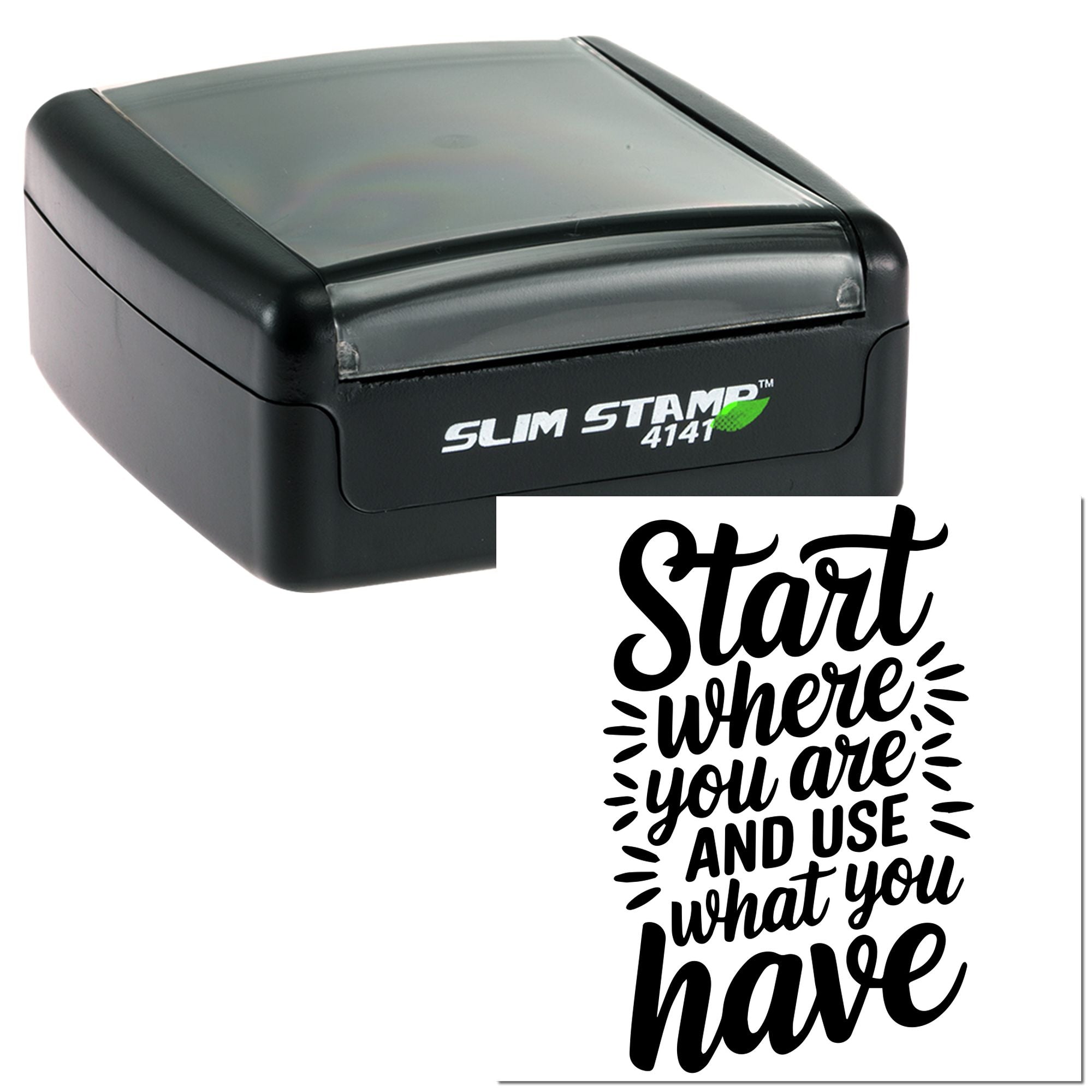 Custom self-inking Slim Stamp rubber stamp with motivational Start where you are quote for planners and crafts.