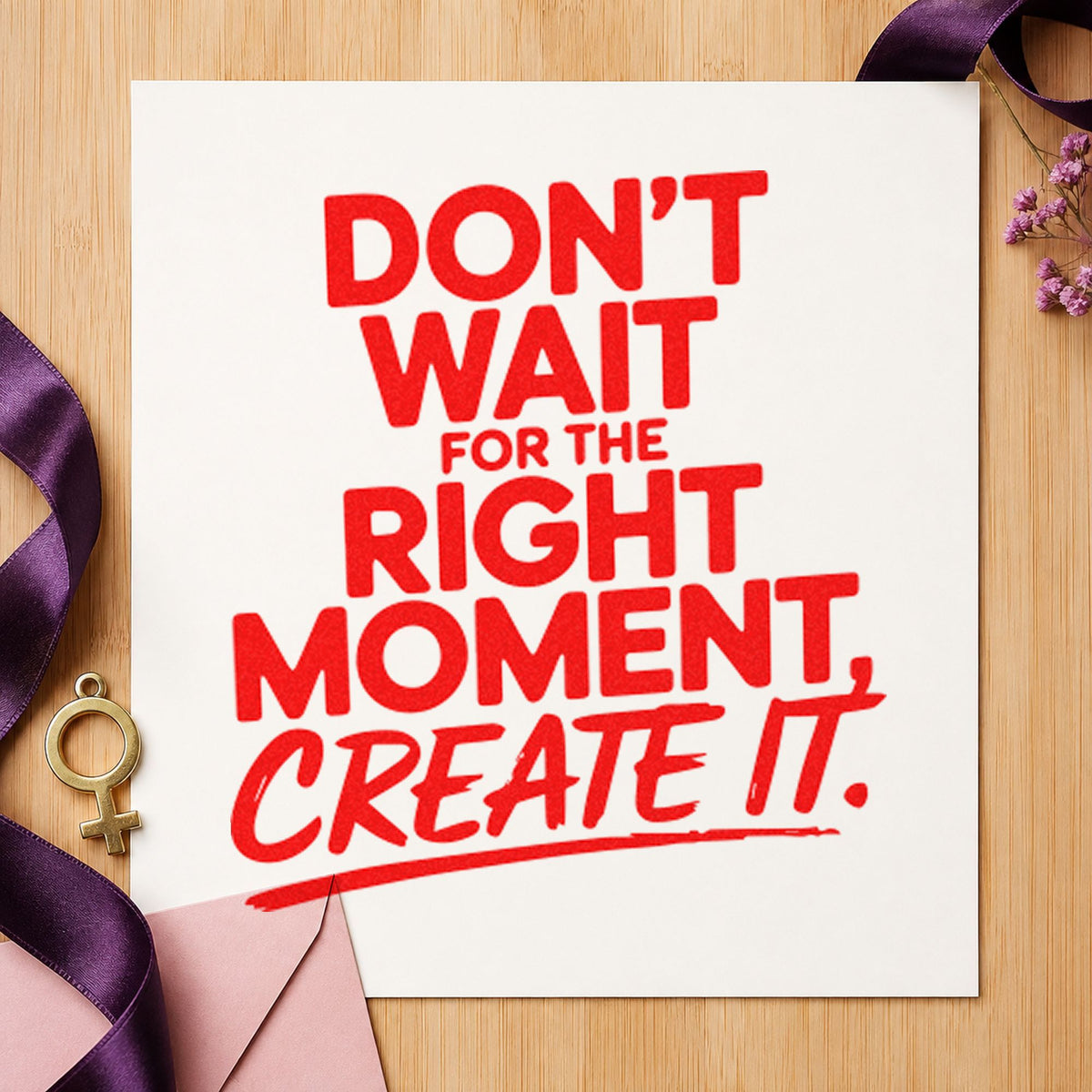 Create The Right Moment rubber stamp shown in red ink, stamped for projects such as bin setup labels.