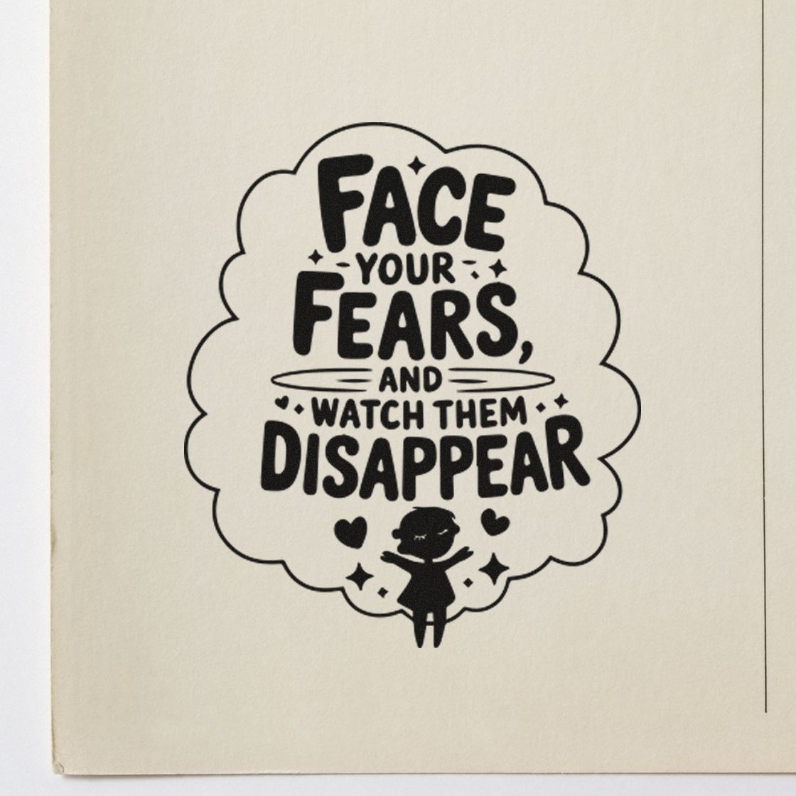 Motivational rubber stamp design with quote, Face your fears and watch them disappear, in a cloud shape.