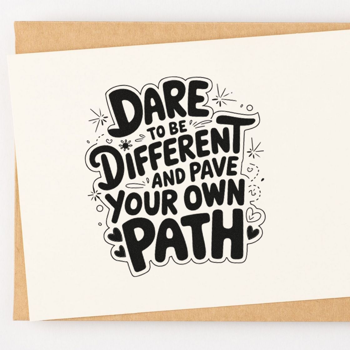 Motivational rubber stamp design with quote Dare to be different and pave your own path in bold hand-drawn lettering.