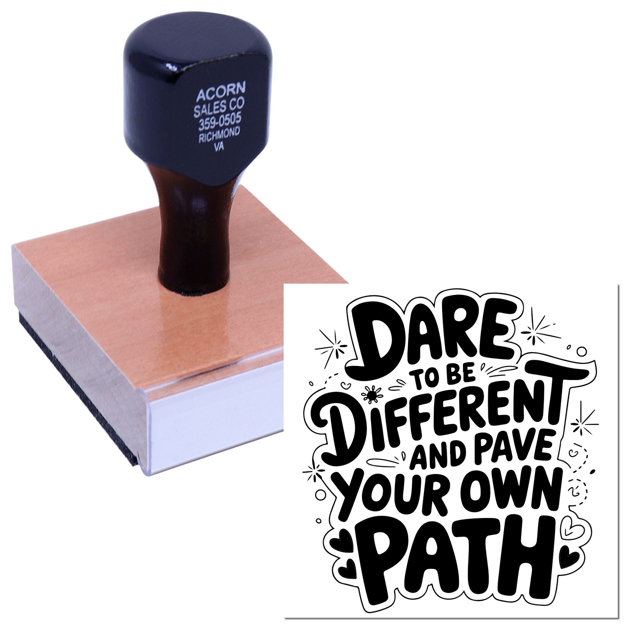 Custom rubber stamp imprint with business address and Dare to Be Different design for branding, crafts, and personalized labeling.