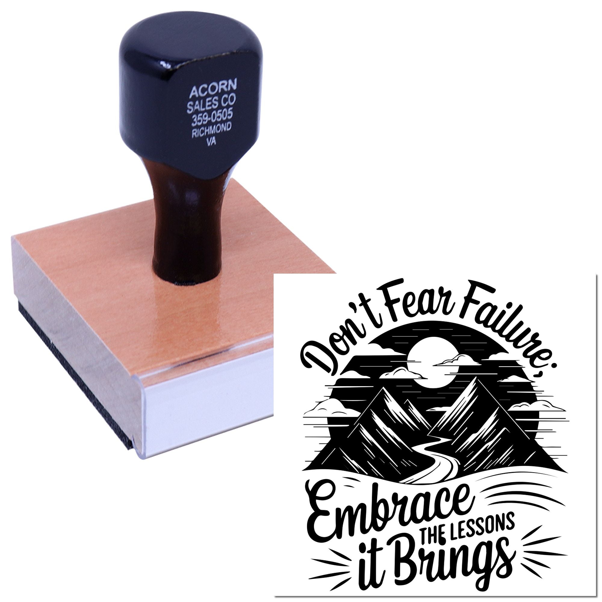 Custom rubber stamp with inspirational Dont Fear Failure design on a wooden stamp block, ideal for branded or motivational stamping.
