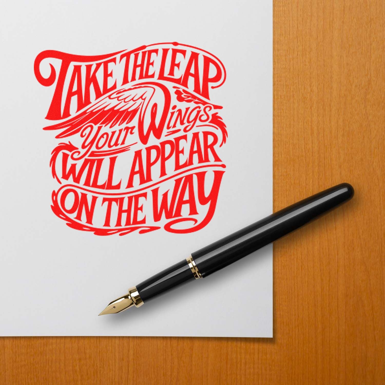 Custom rubber stamp imprint with motivational quote Take the leap, your wings will appear on the way in red.