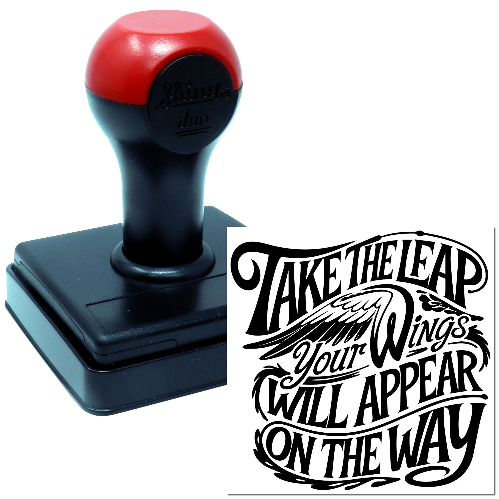 Custom self-inking rubber stamp featuring Take the Lead winged quote design for branding, crafts, and packaging.