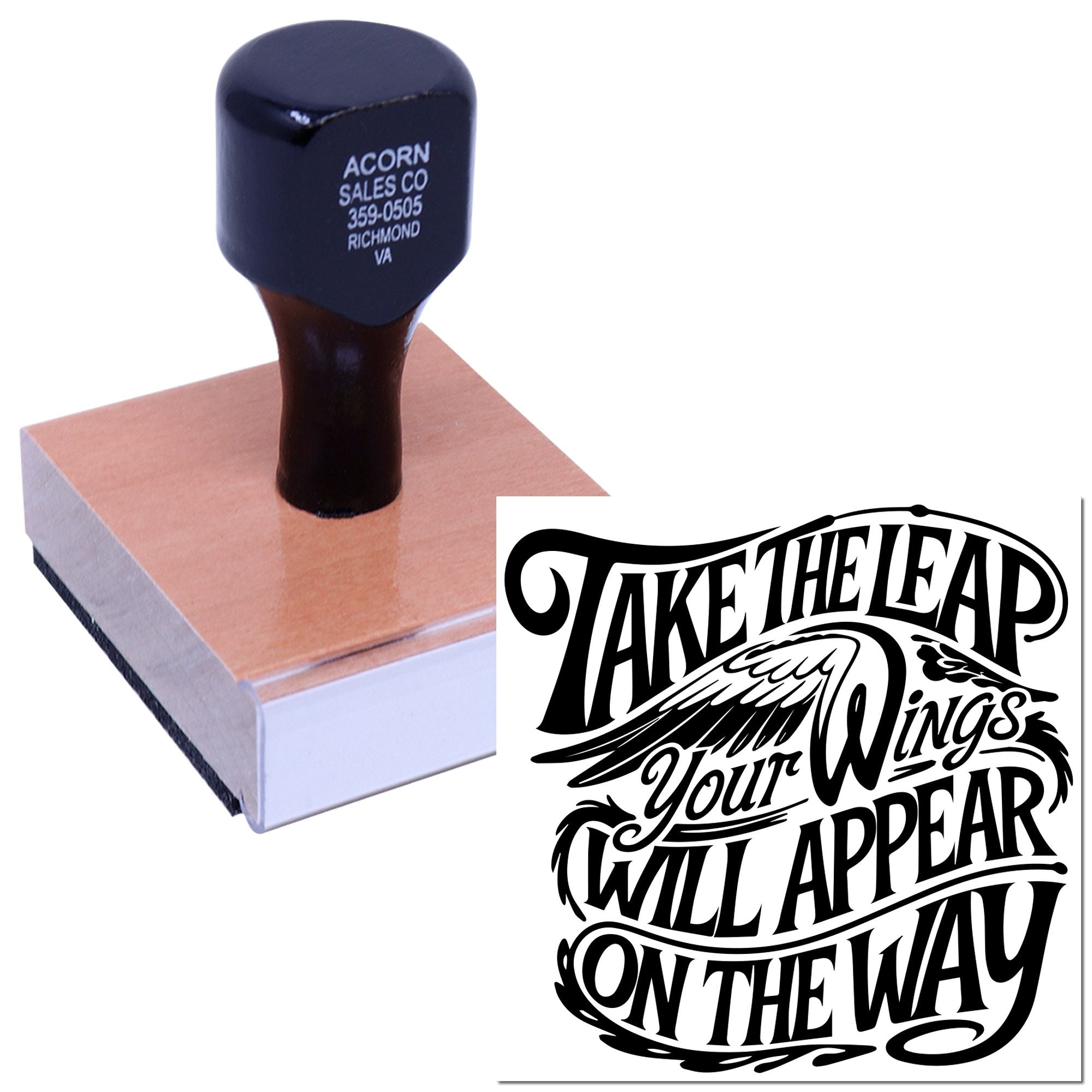 Custom rubber stamp displaying inspirational quote Take the lead, your wings will appear on the way.