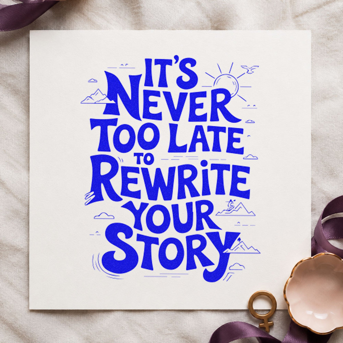 Never Late Rewrite Story craft stamp in blue ink on cardstock, an easy option for chair band printing.