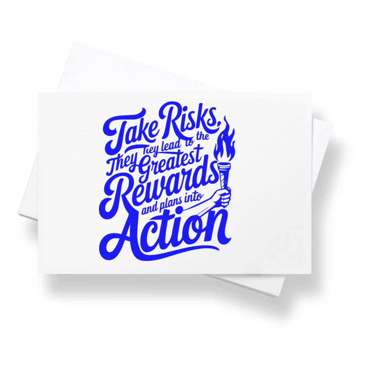 Custom rubber stamp design with motivational quote Take risks, greatest rewards, and plans into action and torch graphic in blue.