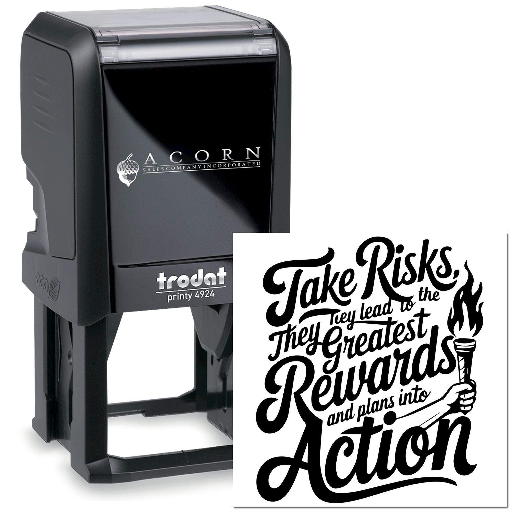 Custom self-inking rubber stamp with inspirational Take Risks design for branding, office use, and personalized business stamping.